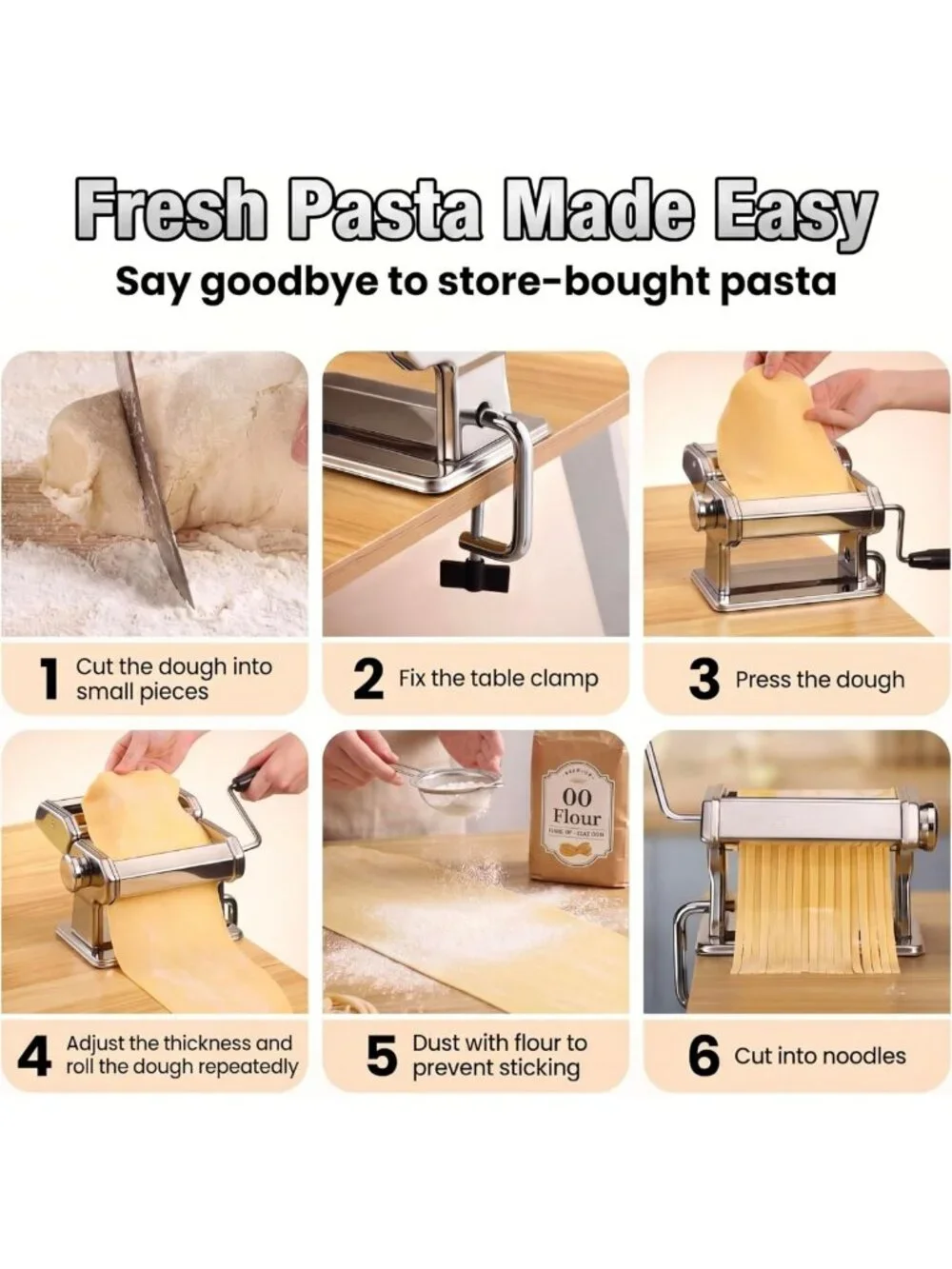 3-in-1 Pasta Maker with 9 Thickness Settings, Stainless Steel, Easy Clean, for